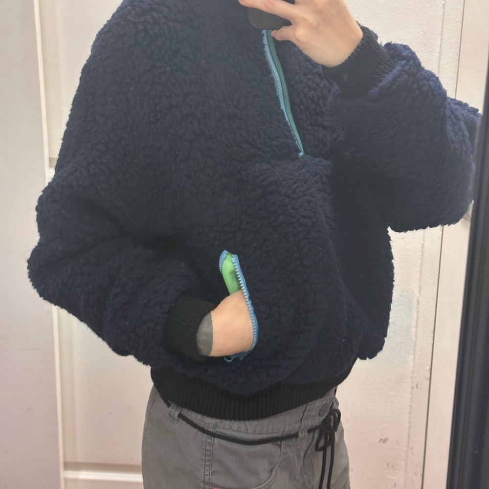 Sandy Liang Neck Navy Blue Fleece Sherpa Pullover XS